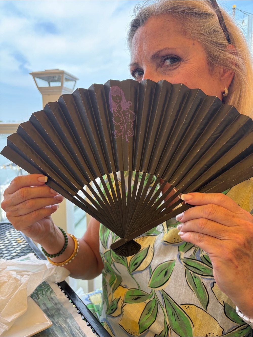 Anna Sui Black Handheld Folding Fan with Purple Anna Sui Silhouette